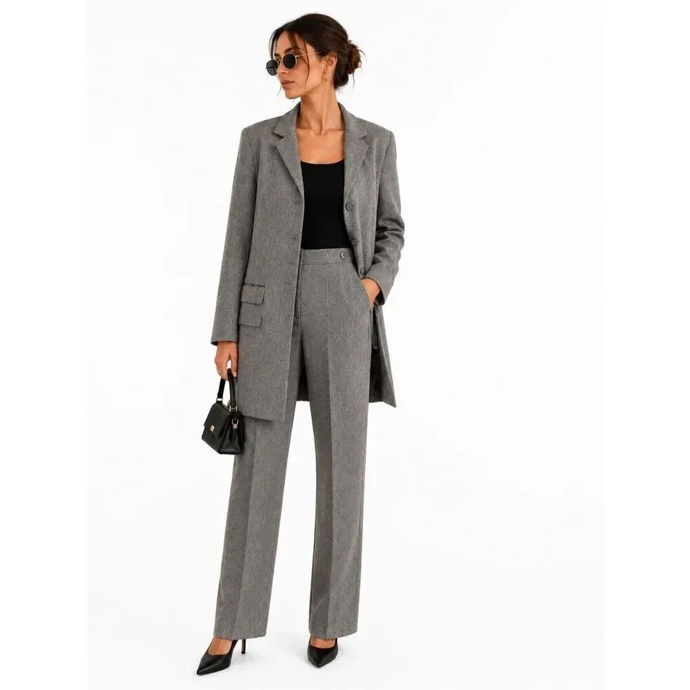 Vintage Pret A Porter Suits Gray Longline Blazer High Rise Pants Suit Set 12